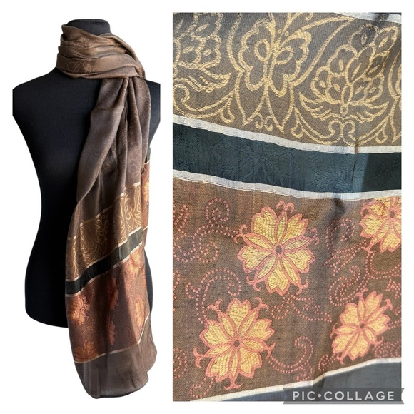 100% Silk Scarf Embroidered Brown Floral Scarf 67x21 - Picture 1 of 11